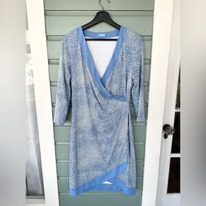 J. McLaughlin Catalina Cloth Blythe Dress faux wrap blue cream long sleeve large